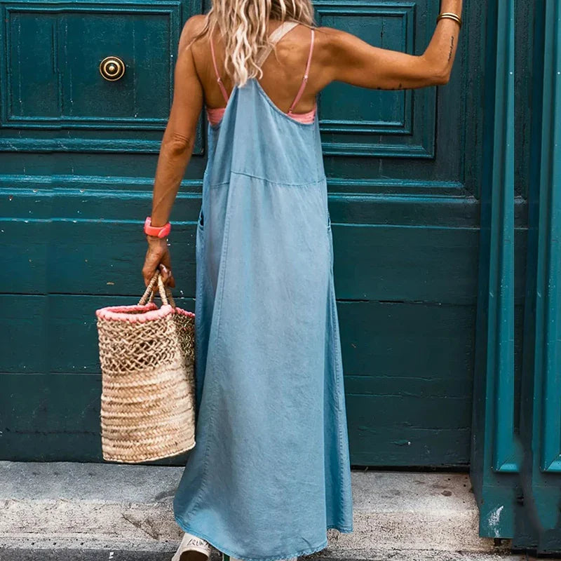 vmtvr Spring Summer Casual Solid Long Dress Women Elegant U-neck Sleeveless Loose Party Dress 2024 Fashion Imitation Denim Maxi Dress