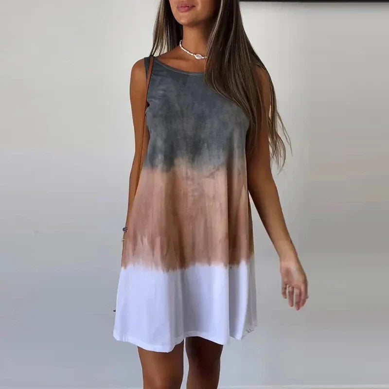 Shdowlass  -  Elegant Round Neck Sleeveelss Loose Party Dress 2024 Women Fashion Tie Dye Print Pullover Short Dress Summer Casual Mini Dress