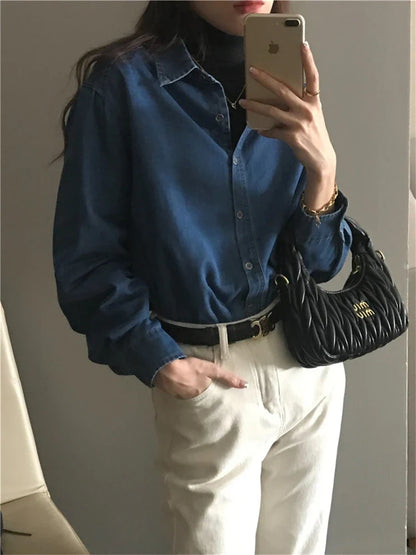 vmtvr Women Blouse Female Shirt Summer Womens Blouses Spring Maxi Blusas Casual Cowboy Vintage Long Sleeve Denim Oversize Loose Blue