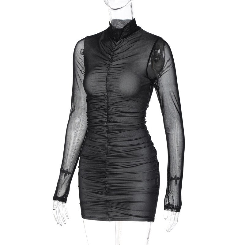 vmtvr - Fashion Woman Clothes Autumn See Through Long Sleeve Folds Mesh Patchwork Bodycon Package Hip Mini Dress Streetwear Black