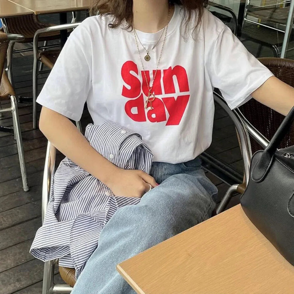 -Retro sports style outfit streetwear 90s fashion  Summer Sunday Big Letters Printing Female KPOP White Shirts Short Sleeve Cotton Loose Summer Tops Crewneck Casual Tees