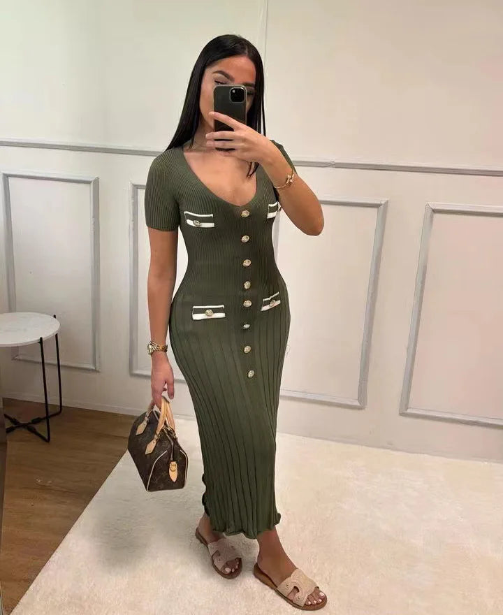 vmtvr Summer Knitted Long Dress Women Elegant Short Sleeve V-neck Slim Party Dresses Fashion Button Solid Basic Maxi Dresses 2024 New