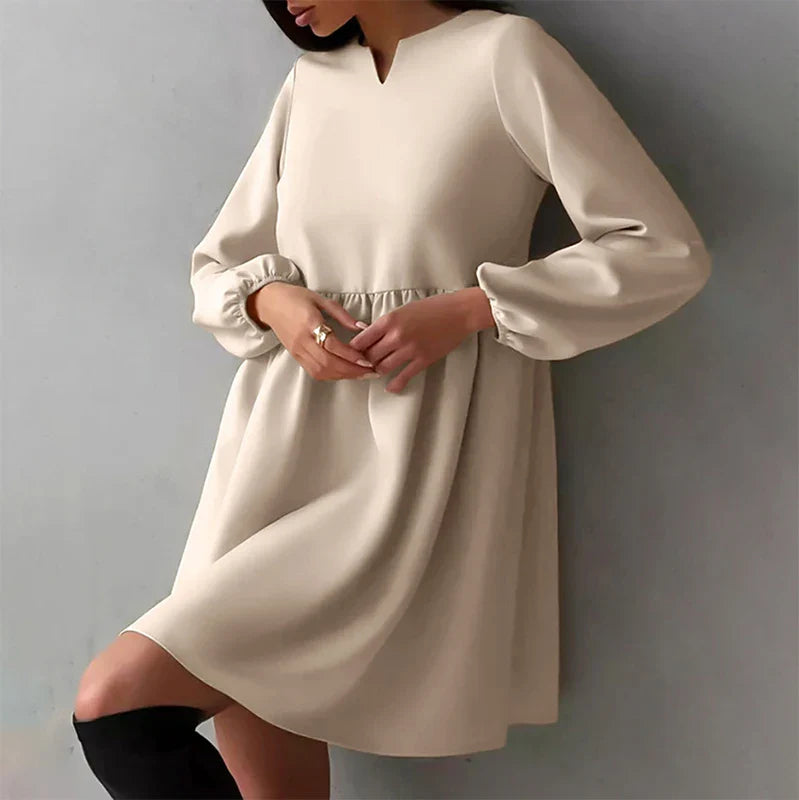 vmtvr Elegant O-neck Long Sleeve Waist Party Dress 2024 Spring Summer Casual Loose Mini Dress Women Fashion Pleated Solid A-Line Dress