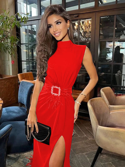 vmtvr - Fashion Black Feather Split Midi Dress 2023 New Summer Women's Sexy Sleeveless Belted Celebrity Club Party Dress Vestidos