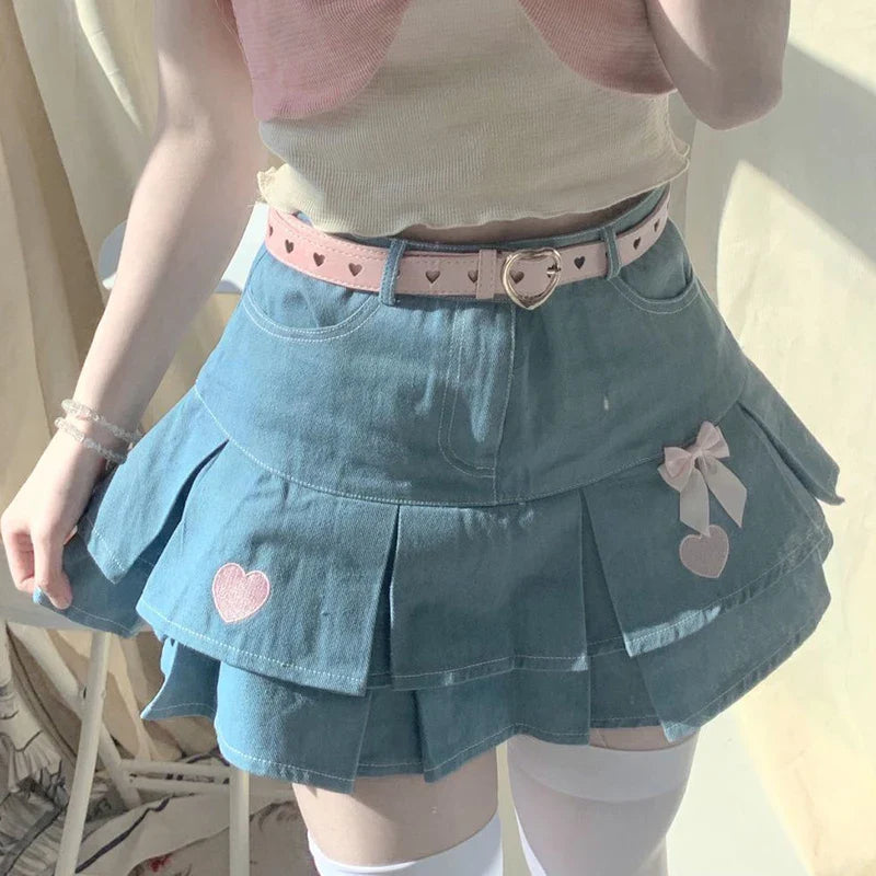 vmtvr Y2K Love Embroidery Jeans Skirts Women Fashion Streetwear Mini Skirts Summer All Match Female High Waist Pleated Skirts