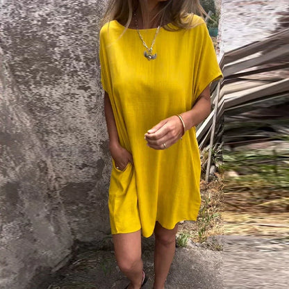 vmtvr Solid Color Loose Pocket Female Mini Dress 2024 Spring Round Neck Women Party Dress Summer Short Sleeve Boho Beach Dress Vestido