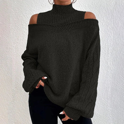 vmtvr Women Long Sleeve Mock Neck Sweaters Autumn WInter Off Shoulder Knitted Pullovers Ladies Casual Loose Sweaters Jersey Mujer