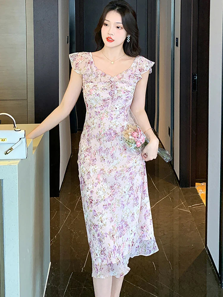 vmtvr Boho Fashion Floral Elegant Casual Women's Dress Summer Chic Ruffled V-Neck Sling Long Dress 2024 New Bodycon Holiday Prom Dress