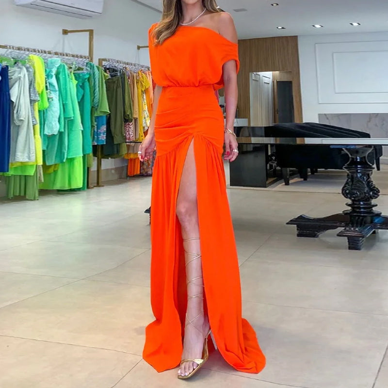 vmtvr -  Summer New Women's High Split Off Shoulder Maxi Dress Female Sexy One Word Neck Slit Orange Short-sleeved Solid Dresses