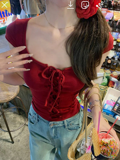 vmtvr Woman Summer Red Slim Y2k Crop Tops Aesthetics 2000s Casual Korean Fashion Blouse Woman Beach Outwear Basic Bandage Tees Chic