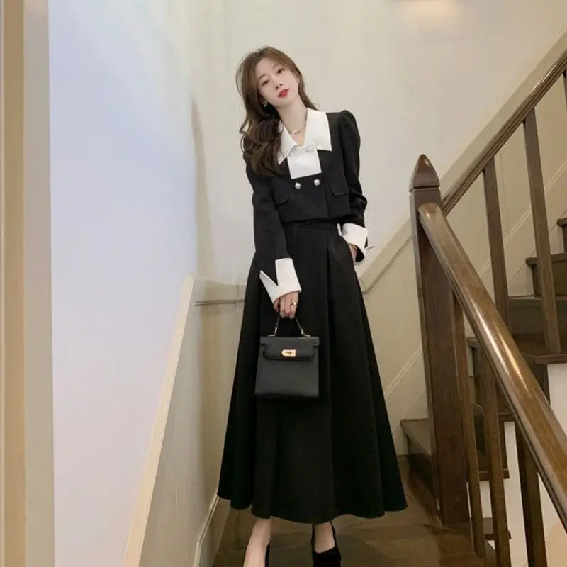 vmtvr Autumn Elegant 2 Piece Dress Set Women Slim Vintage Party Office Lady Korean Suit Long Sleeve Crop Tops + Casual Midi Skirt