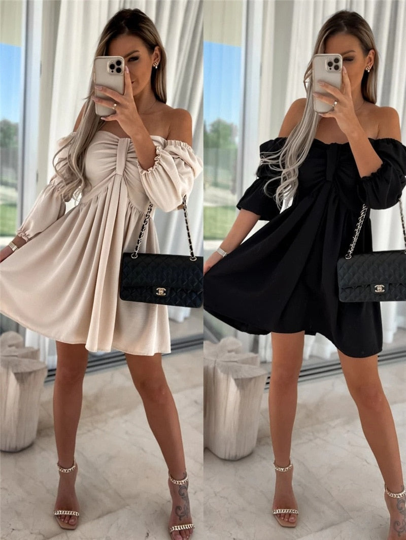 Women Elegant Lantern Half Sleeve Strapless Dress Sexy Off Shoulder Bow Pleat Loose Mini Dress Summer Casual Solid Beach Dress