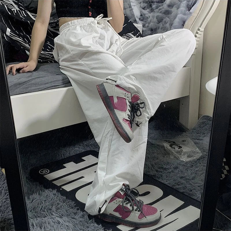 vmtvr Streetwear Women Cargo Pants Korean Retro Casual Drawstring Loose Wide Leg Pants Summer All Match Female Solid White Trousers