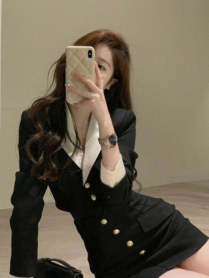 vmtvr Black Y2k Mini Skirt Set Women Casual Korean 2 Piece Dress Set Crop Tops Jacket Tops + Short Skirts Elegant Suit Autumn New