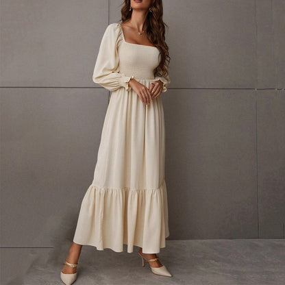 Women Maxi Dress Fashion Square Neck Long Flare Sleeve Nipped Waist Slim Ruffle Party Evening Dresses High Streetwear