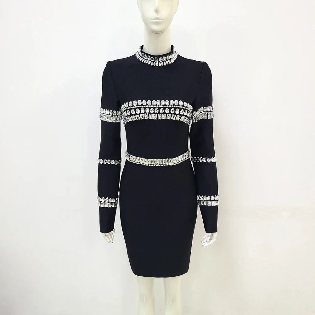 vmtvr - Brand New Women Winter Sexy Turtleneck Beading Long Sleeve Black Mini Bandage Dress  Elegant Evening Club Party Dress