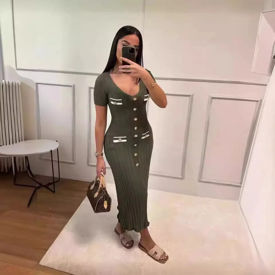 vmtvr Summer Knitted Long Dress Women Elegant Short Sleeve V-neck Slim Party Dresses Fashion Button Solid Basic Maxi Dresses 2024 New