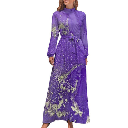 Marble Print Dress Watercolor Flow Abstract Aesthetic Bohemia Dresses Female Long Sleeve High Neck Sexy Long Maxi Dress