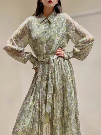 vmtvr - Fashion Designer Spring Print Midi Chiffon Dress Women 2023 New Elegant Long Sleeve Single Breasted Vintage Vacation Robes