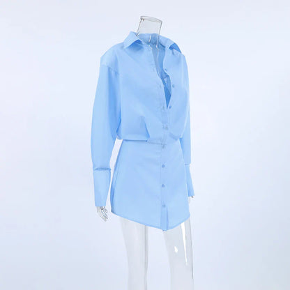 vmtvr Blue Shirts Dress Slim Women Classic Lapel Long Sleeves Pleated Pencil Mini Dress Summer Autumn 2024 Office Ladies