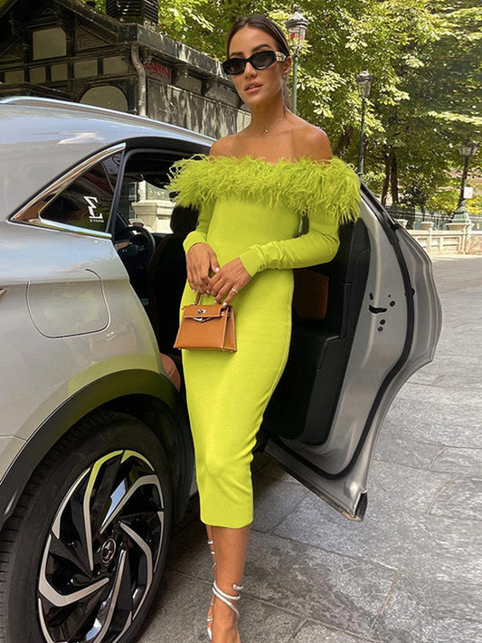 Slash Neck Off Shoulder Feather Long Sleeve Bodycon Autumn Dress Sexy Elegant Women's Midi Evening Wedding Party Dresses Green