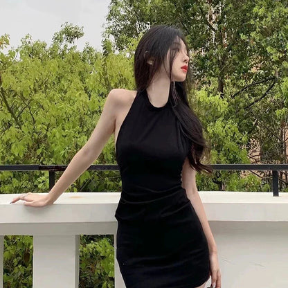 vmtvr Women Backless Bodycon Dress Korean Summer Solid Black Fashion Casual All Match Sexy Slim Fit Hanging Neck Female New Dresses