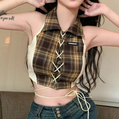 vmtvr American Vintage Women Plaid Camis Summer Sexy Slim Irregular Casual Fashion Female Clothing New Chic Sleeveless Crop Tank Top