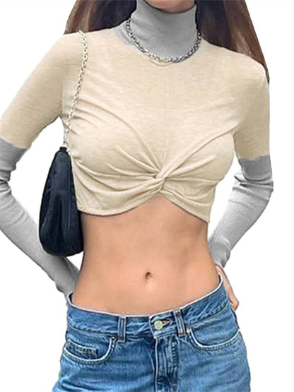 -Fall Outfits -Fall Outfits Long Sleeve Top  Women Turtleneck Exposed Navel Tees Crop Tops Casual Slim Fit Long Sleeve Front Ruched Patchwork T-Shirts Streetwear