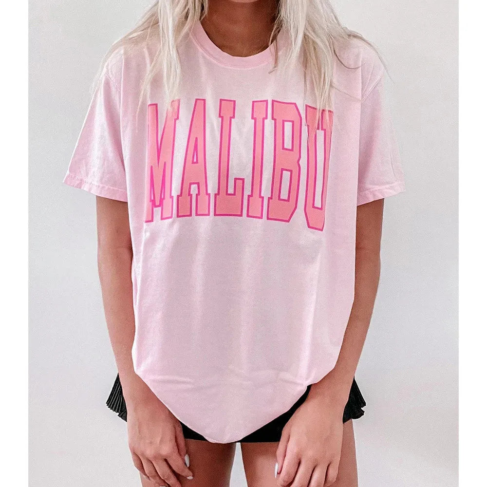 -Retro sports style outfit streetwear 90s fashion Malibu Women Pink Short Sleeve T shirts Retro Style Loose Cotton Crewneck Summer Tops Tees Ins Fashion Letters Printing Shirts