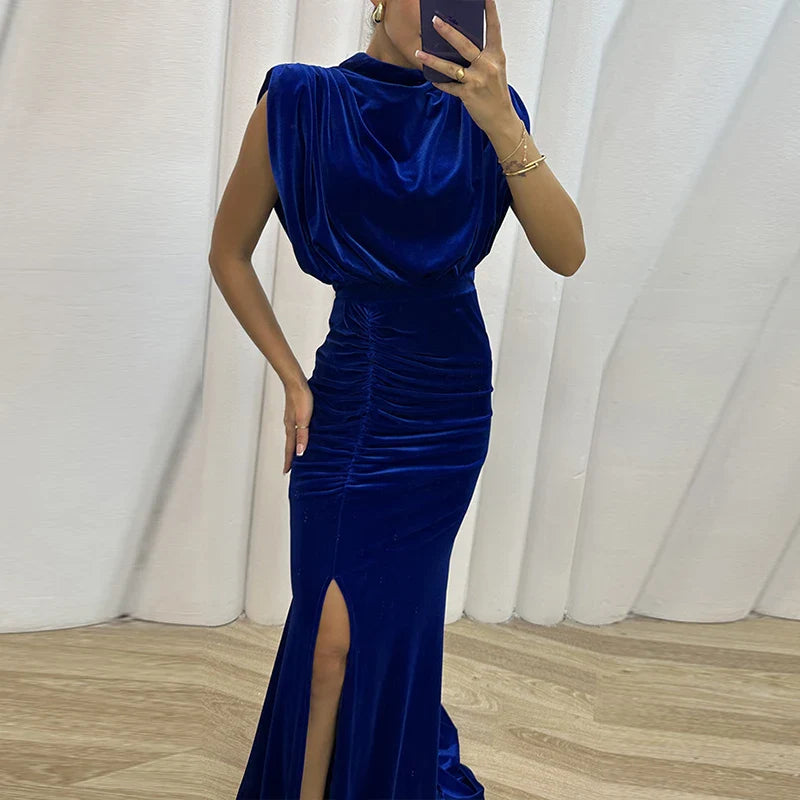 vmtvr Sexy O-neck Sleeveless Soft Velvet Party Dress Women Spring Solid Slim High Slit Draped Long Dress Summer Hollow Mermaid Dresses