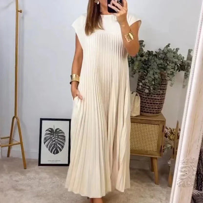 vmtvr Chic Fashion O-neck Pleated Long Party Dress Women 2024 Spring Solid Pockets Boho Maxi Dress Summer Sleeveless Loose Beach Dress