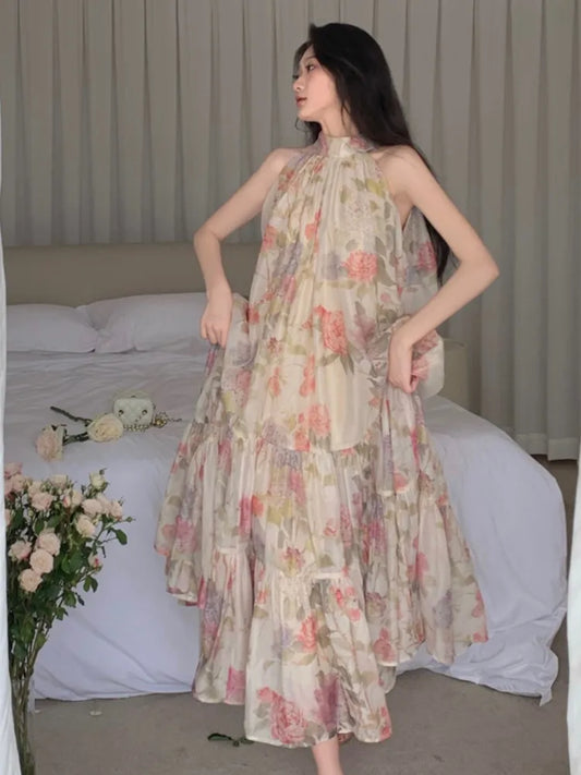 Summer Women Elegant Floral Print Maxi Dresses New Fashion Sleeveless Loose Ruffle Y2k Dress Beach Birthday Party Robe