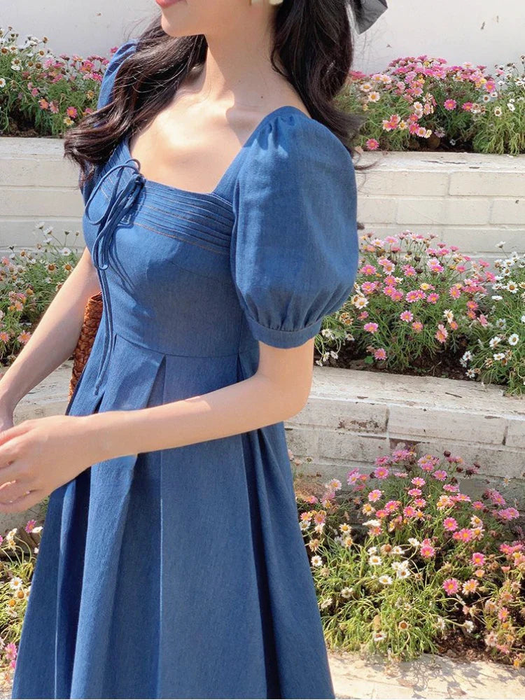 2024 Summer Vintage Elegant Fairy Dress Women Short Sleeve Y2k Causal Midi Dress Female Solid Korean Fashion Chic Party Dresses