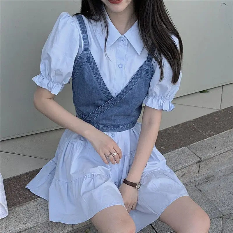 vmtvr 2024 Summer Women's Dress Sets Korean Fashion Elegant Chic Puff Sleeve Shirts Dress Denim Vest 2 Piece Sets New in Matching Sets