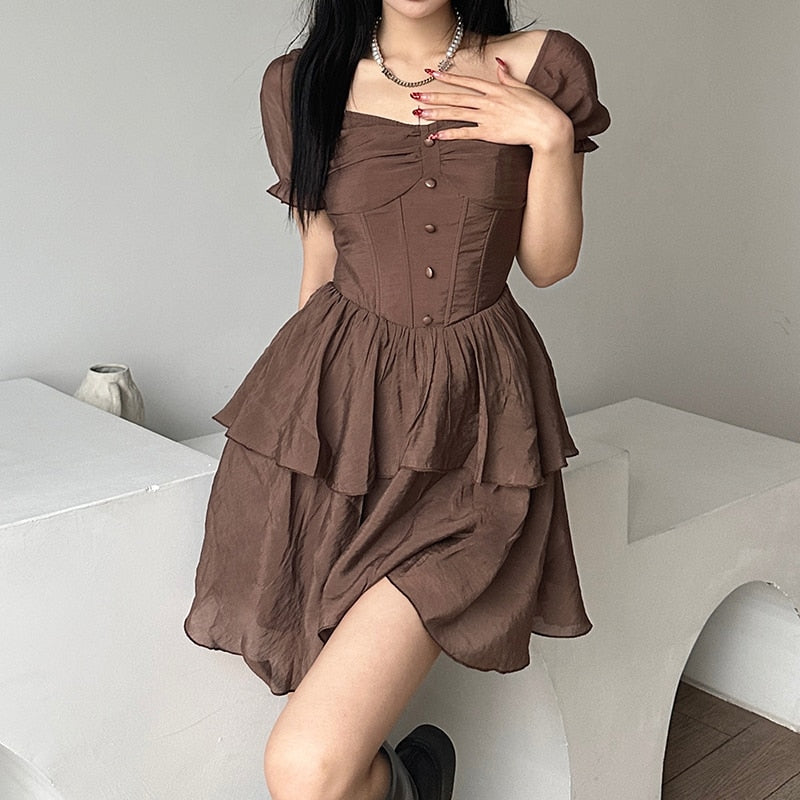 vmtvr Elegant Chiffon Corset Dress Brown Flare Long Sleeve Mini Dresses Vacation Short Party Dress Ruffles Slash Neck Outfit