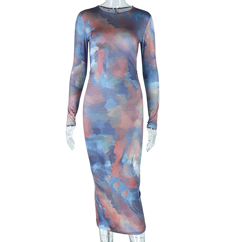 vmtvr - Casual Sexy O-neck Printed Bodycon Party Dress for Women Streetwear Y2K  Spring Summer Ladies Nightclub Mid-calf Vestidos