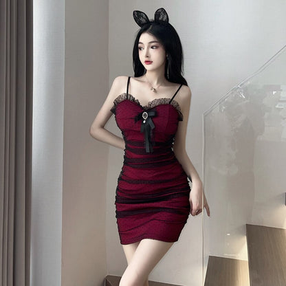 Red Double Layer Mesh Pencil Dress Women Sexy Spaghetti Strap Dress Female Tight Short Bodycon Dresses For Woman Summer