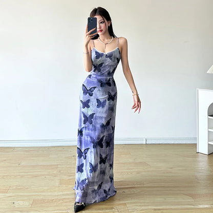 vmtvr Sexy Strap Maxi Dresses Women New Summer Fashion Sleeveless Butterfly Print Backless Dresses Casual Clubwear Elegant Party Dress