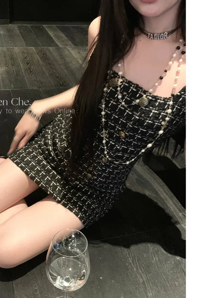 vmtvr  -  Small Fragrant Elegant Vest Dress Female Fashion Simple Korea Chic Birthday Party StrapSkirt Sweet Sexy Slim Tweed Dress Women ﻿