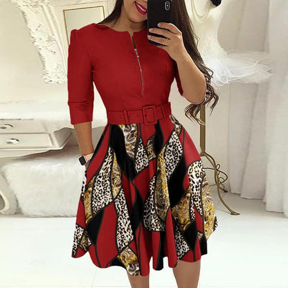 Mini Dresses O-neck Three-quarter Sleeve With Belt A-line Skirt Print Patchwork Party Dress Autumn 2023 Fashion Elegant Vestidos