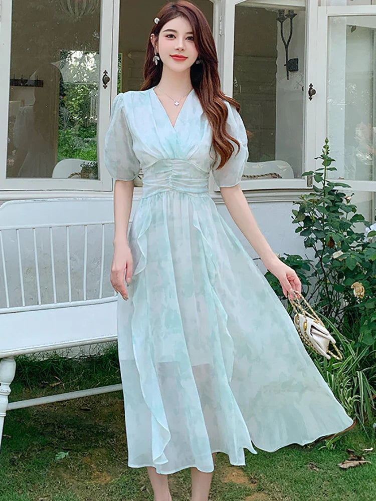 vmtvr 2024 Green Print Chiffon Casual Beach Long Dress Summert Fashion Chic Ruffled Party Vestidos Women Elegant Bodycon Evening Dress