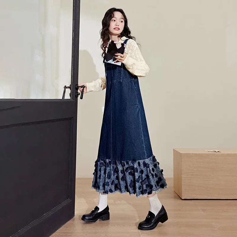 vmtvr Vintage Patchwork Denim Mermaid Dress Women Korean Style Elegant Spaghetti Strap Long Dress Summer Casual Loose Suspender Dress