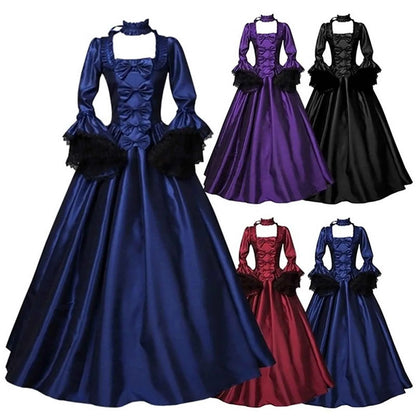 vmtvr  -  Dresses For Women Medieval Renaissance Retro Gothic Dress Flare Long Sleeve Ball Gown Dress Costume Solid Square Neck Dress