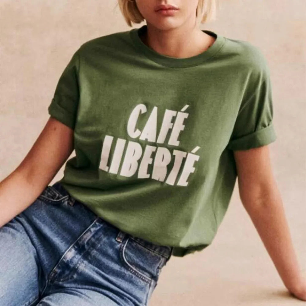 -Retro sports style outfit streetwear 90s fashion Cafe Liberte Letters Printing Retro Loose Cotton Army Green T Shirts Female Summer Short Sleeve Fashion Tops Casual Elegant Tees