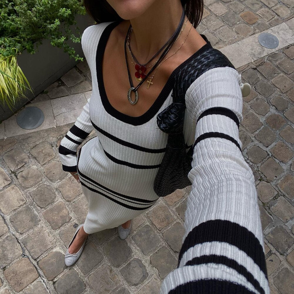 White Striped Knitted Maxi Dress for Women Elegant O-neck Long Sleeve Slim Sweater Dress Autumn Winter Warm Causal Dresses