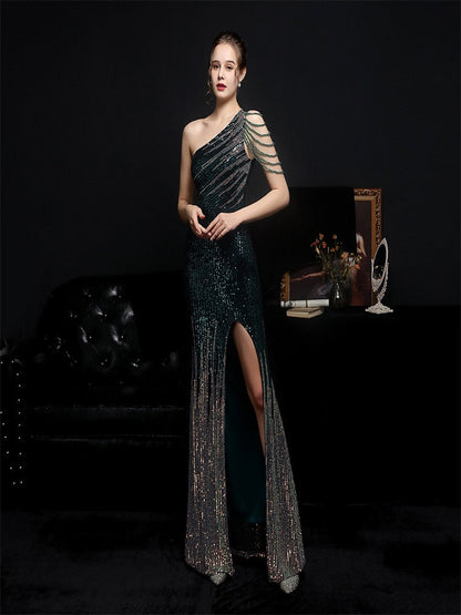 vmtvr - Elegant One Shoulder Slit Gold Sequin Evening Dress  Women Beads Party Maxi Dress