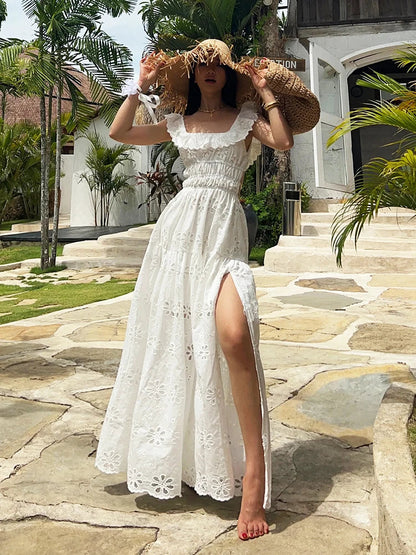 vmtvr  -  Square Collar White Lace Summer Tank Dress Women Sexy Backless Maxi Long Sundress Holiday Beach Cotton Slip Vestidos Party