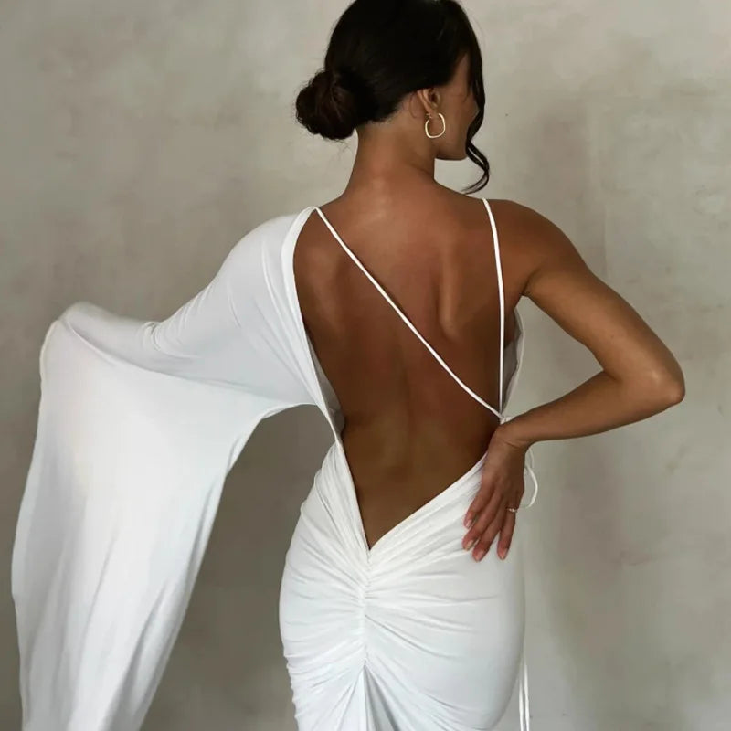 Fashion Draped Deep V Sexy Backless Maxi Dresses Party Club Women Elegant One Shoulder Gown Slip Dresses Ruched