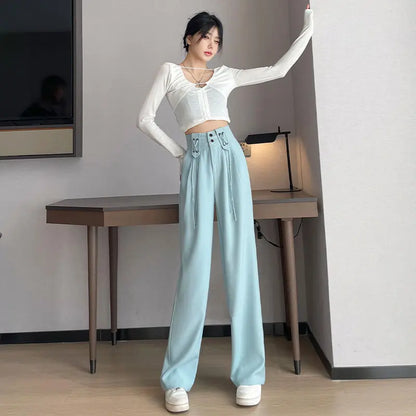 vmtvr Korean Simple Loose Woman Straight Casual Suit Pants Spring Summer New Solid Fashion Versatile High Waist Wide Leg Full Trousers