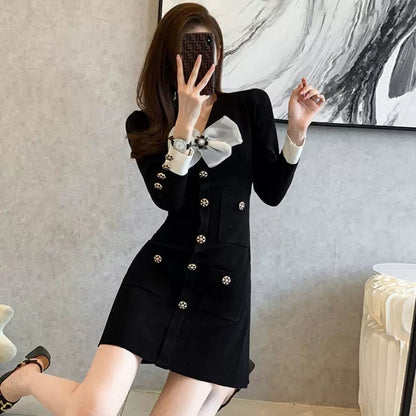 Small Fragrance Style Knitted Dress Women Autumn  New Slim Little Black Dress Female Fashion Bodycon Sweet Mini Dress Trend